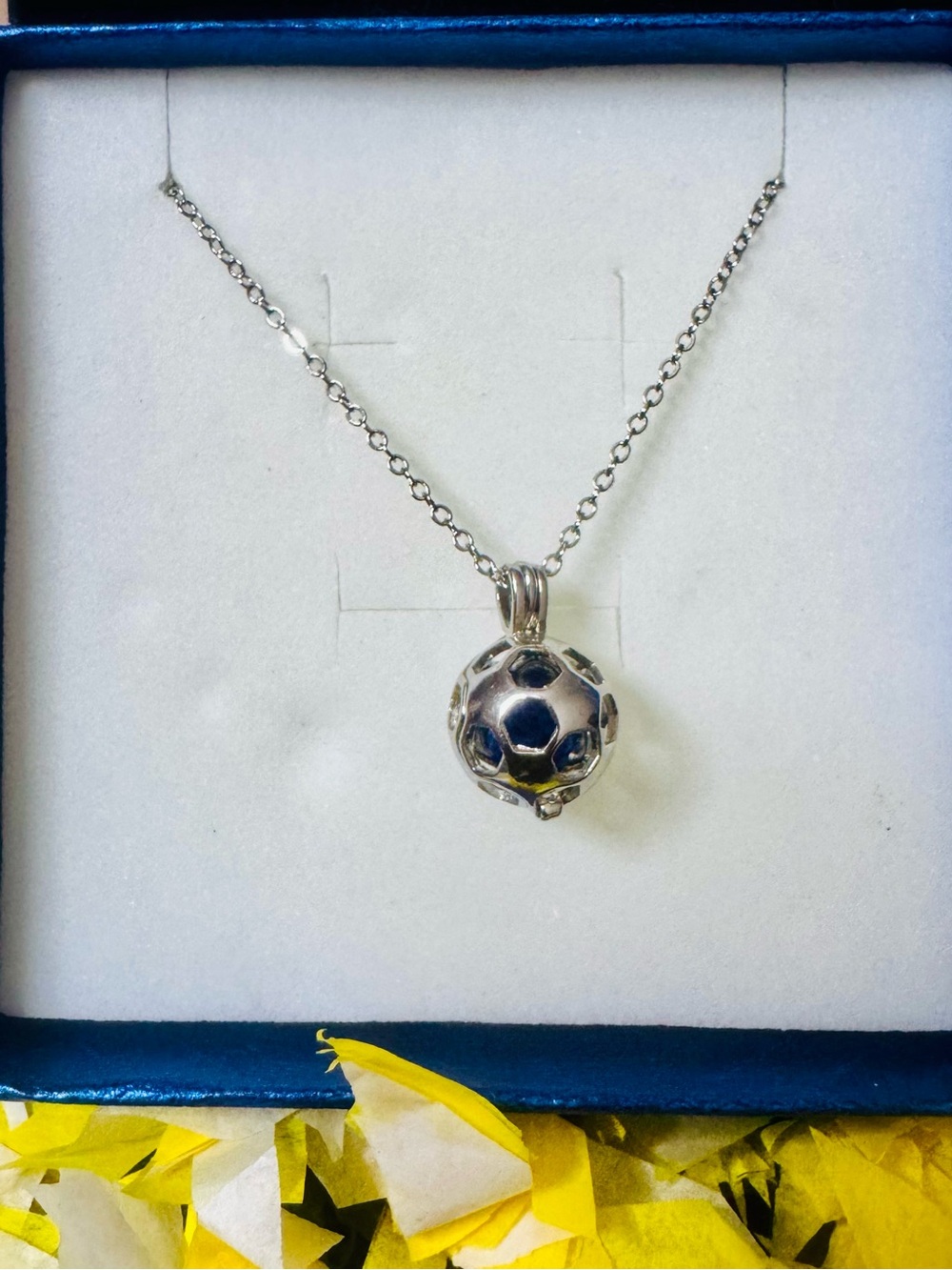 Soccer Ball Pendant Necklace - Silver with Blue Accents